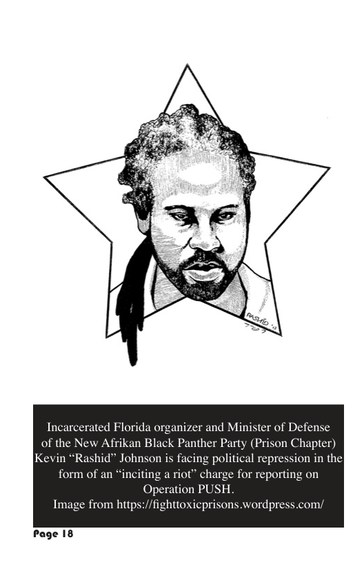 Incarcerated Florida organizer and Minister of Defense of the New Afrikan Black Panther Party (Prison Chapter) Kevin “Rashid” Johnson is facing political repression in thel form of an “inciting a riot” charge for reporting on Operation PUSH. Image from hitps://fighttoxicprisons.wordpress.com/ Page 18
